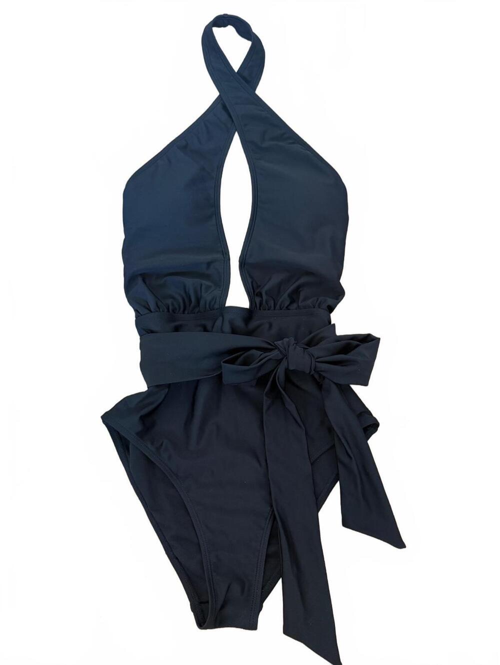 Fashion Nova Black Halter One-Piece Swimsuit with Waist Tie | Size S
